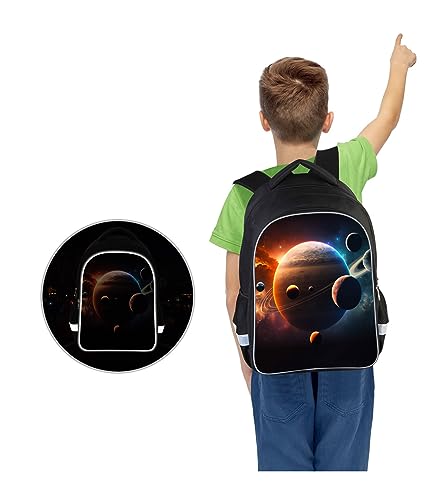 Solar System Planets Stars Space Kids Backpack, Galaxy School Bookbag for Boys and Girls, Polyester, 17 Inches Back Pack, Giftable, Bottle Holders, Tablet Compartment - color: B1-bookbag-outer Space