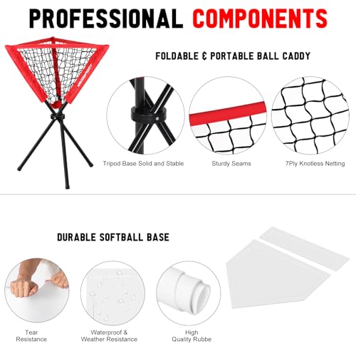 9-Square Pitching Target Net Set - Softball & Baseball Net with Strike Zone, Ball Caddy, Softball Base Accessories, Adult & Youth Training Equipment