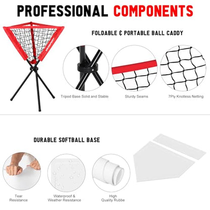 9-Square Pitching Target Net Set - Softball & Baseball Net with Strike Zone, Ball Caddy, Softball Base Accessories, Adult & Youth Training Equipment