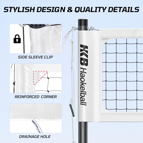 Haokelball Outdoor Volleyball Net Set for Backyard, 32FT Regulation, 3-Level Adjustable Height & Anti-Sag Tension System, Heavy Duty Thick Poles, Includes Volleyball, Pump, Boundary Line and Carry Bag - color: C-White