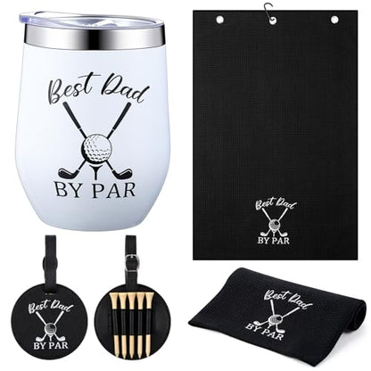 Funnymoom 3 Pcs Golf Gifts for Dad Men Husband Best Dad by Par Accessories Set Kit Include 12 oz Tumbler Tee Holder with Wood Golf Tee and Black Towel for Thanksgiving Day Christmas Birthday Gifts