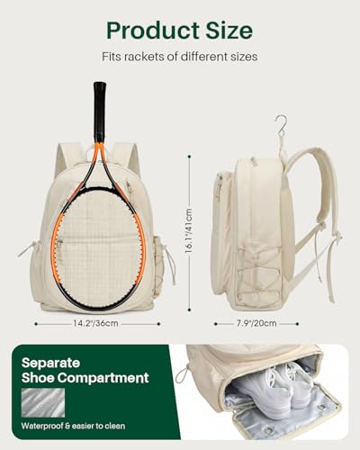 Quilted Tennis Gym Backpack for women Tennis Bag Holds 2 Rackets with Top Panel & Ventilated Shoe Compartment Sports Duffle Bags with Wet Pocket & Fence Hook - color: Beige