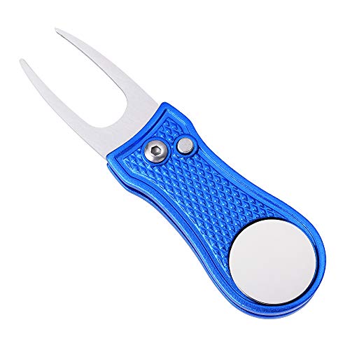 Mile High Life Golf Divot Repair Tool, All Metal Foldable Divot Tool with Pop-up Button & Magnetic Ball Marker - color: Blue Bone