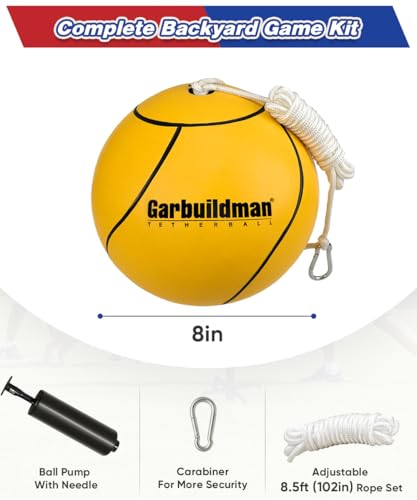 Garbuildman 8" Regulation Sized Tetherball, Rubber Tether Balls and Rope Set for Outdoor Backyard Game, Portable Replacement Tether Ball with Carabiner, Ball Pump for Kids Adults & Dogs
