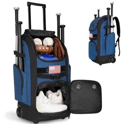 Rolling Baseball Bag with Wheels, 60L Capacity Wheeled Softball bag with Shoe Compartment for Youth & Adult, Bat bag with Hidden Straps,Fence Hook,Holds 4 Bat, Helmet, Glove - color: Blue