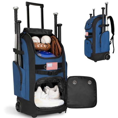 Rolling Baseball Bag with Wheels, 60L Capacity Wheeled Softball bag with Shoe Compartment for Youth & Adult, Bat bag with Hidden Straps,Fence Hook,Holds 4 Bat, Helmet, Glove - color: Blue