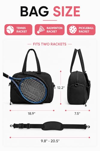 Pickleball,Tennis Racket Bag,Gym Bag for Women,Man. Quilted, Holds 2 Rackets with Shoe Compartment. Sport Bag for Gym, Court, Travel Duffle Bag - color: Black