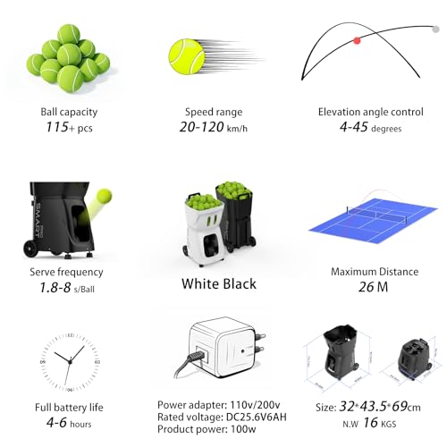PT-Smart Pro Tennis Ball Machine, Internal Oscillation Ball Launcher with App for Apple Watch Control, 110+ Ball Capacity, 20 Landing Points, Up to 75 MPH, Portable Trainer for All Levels
