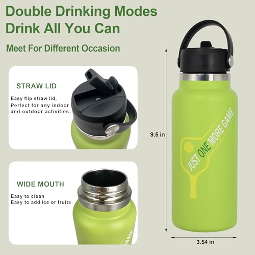 Pickleball Water Bottle 32 oz, Gifts for Pickleball Lovers, Wide Mouth Vacuum Insulated Sports Bottle with 2 Leakproof Lids, Stainless Steel Cup with Straw for Cold Drinks - color: Green