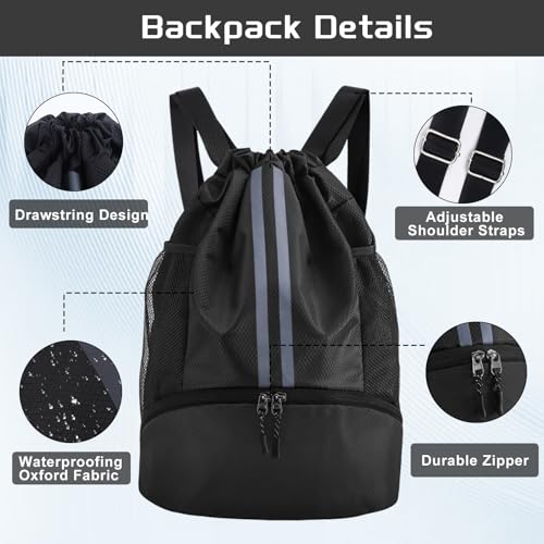 Sports Drawstring Backpack with Shoes Compartment, String Gym Bag with Wet Proof Pocket for Basketball, Soccer, Swim, Black Sport Bag for Men and Women
