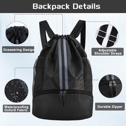 Sports Drawstring Backpack with Shoes Compartment, String Gym Bag with Wet Proof Pocket for Basketball, Soccer, Swim, Black Sport Bag for Men and Women