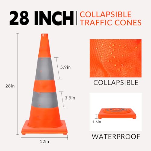 WHDZ 28 inch Collapsible Traffic Cones with LED Light Multi Purpose Pop up Reflective Safety Cones 4 Pack Orange - color: Orange