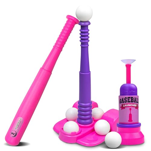 T Ball Stand for Kids and Toddlers 1-3, 3-5, 5-8. Baseball Set Includes 6 Large Balls, an Adjustable Tball Batting Tee, and a Pitching Machine. Kids Bat and T-Ball Set - style: PINK T BALL