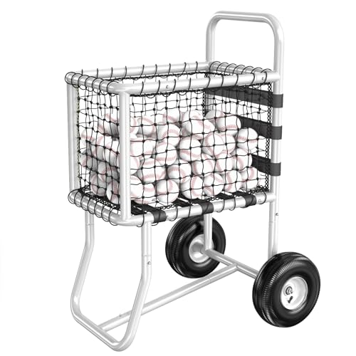 Sports Baseball Cart with Wheels, Large Softball Caddy Ball Baseball Transport Cart for Field & Training, Holds 300+ Baseballs or 150 Softballs, with 6m Self-Adhesive Hook and Loop Tape - color: Silver