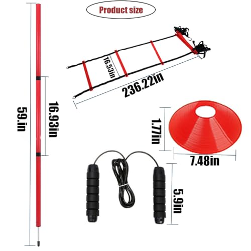 Soccer Agility Training Equipment, 6 Adjustable Soccer Training Agility Poles, 1 Speed Agility Ladder,10 Soccer Agility Cones for Training, 1 Jump Rope + Storage Bag for Youth Soccer Drills - color: red