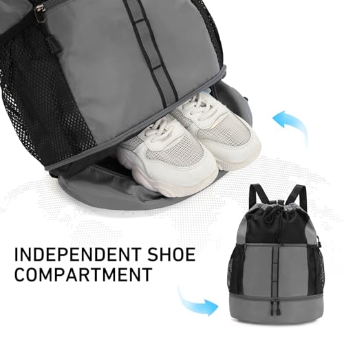 Valleycomfy Drawstring Gym Bag Sports Backpack With Shoe Compartment and Reflective Strips Grey - color: Grey08