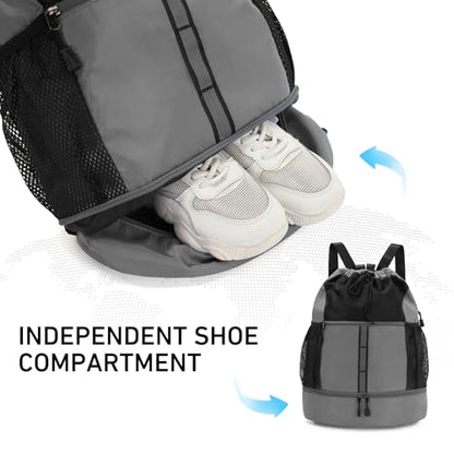 Valleycomfy Drawstring Gym Bag Sports Backpack With Shoe Compartment and Reflective Strips Grey - color: Grey08
