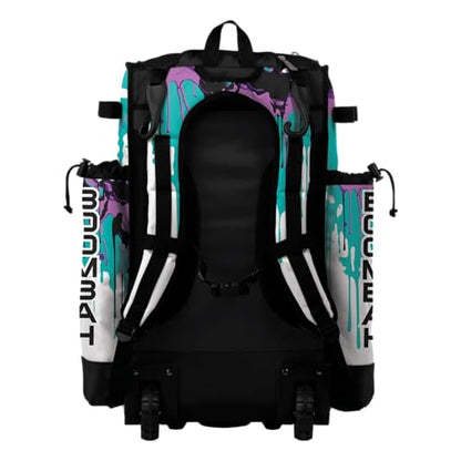 Boombah Superpack Hybrid Rolling Bat Bag - Wheeled & Backpack Version - Graffiti Drip - Multiple Color Options - color: Bright Purple/Turquoise/Black