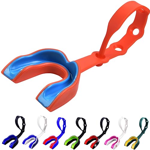 Oral Mart Strapped Mouth Guard for Football, Lacrosse, Ice Hockey, Taekwondo (USA Flag, Fangs, 15+ Colors to Choose from) - Sports Mouthguard with Fixed Strap (Strapped, Youth or Adult) - color: Orange / Blue, size: Youth (Age 12 & Below)