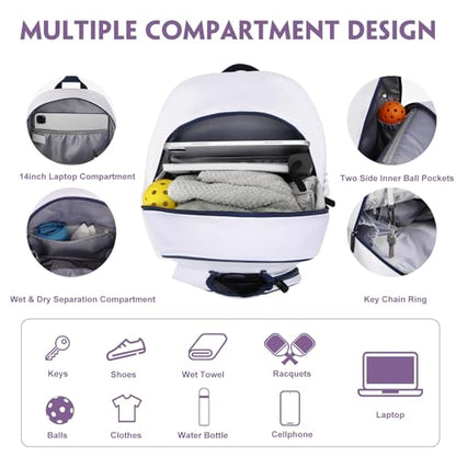 Pickleball Backpack, 30L Pickleball Bag Waterproof Large 3-Racket Tennis Sports Bag with Shoe Compartment & Insulated Pocket, Paddle Holder, Premium Sturdy Durable Bag for Men & Women (White)