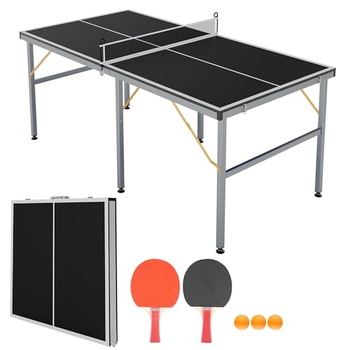 6x3FT Collapsible Table Tennis Table Set – Portable Indoor/Outdoor Ping Pong Table with Net, 2 Paddles & 3 Balls, Mid-Size for Adults & Teens
