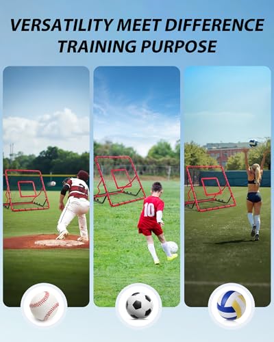 Baseball Rebounder Net,4x4.5FT Multi-Sport Pitch Back Rebounder Steel Frame with 4 Adjustable Angles, 40pcs Bungees Soccer, Volleyball&Lacrosse Trainer for Solo Fielding - color: Red