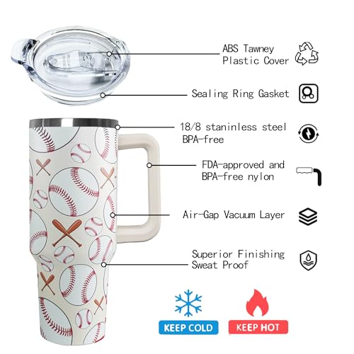 Ceovfoi 40 oz Baseball Coffee Mug Cup Vacuum Insulated Travel Tumbler with Handle Lid and Straw,Baseball Coach Gifts,Baseball Accessories Stuff - color: Baseball
