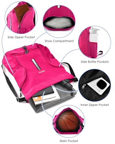 BROTOU Soccer Drawstring Backpack, Basketball Bag, Volleyball Football Bags with Ball and Shoe Compartment - color: Rose Red