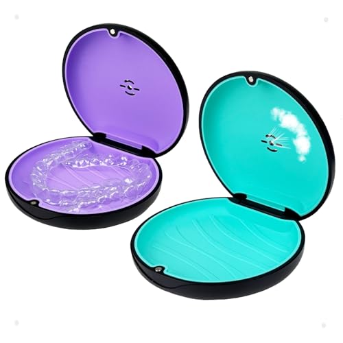 2 Pack Retainer Case,Aligner Case with Vent Holes, Compatible with Invisalign, Mouth Guard Case，Portable Slim Travel Cute Orthodontic Retainer Case (Black Purple+Black Cyan)
