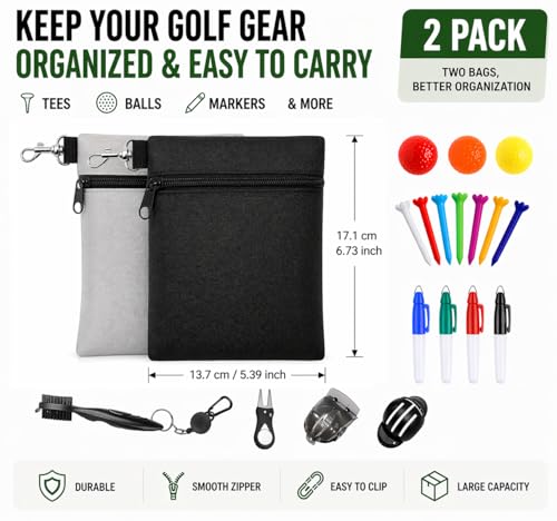Golf Tee Pouch | Pack of 2 Golf Tee Bag | 5.24 X 6.42 Inch Zipper Golf Accessory Bag with Clip | Golf Bag Accessories for Men Women Golf Gift