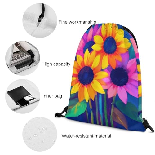 Waterproof Drawstring Bag Gym Sack Sports Backpack for Hiking Swimming Beach Yoga Gear Lightweight Unisex, Psychedelic Sunflower Bags - color: Picture (1006)
