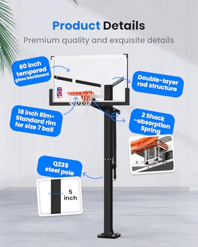 IGL In Ground Basketball Hoops Outdoor, 52-60 Inch Inground Basketball Hoop, 10ft Height Adjustable In Ground Basketball Goal with Shatterproof Backboard & 18 Inch Pro-Style Breakaway Rim - size: 60 in Square
