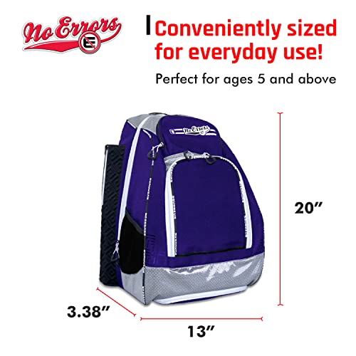 No Errors Sports RBP Rookie Baseball and Softball Backpack - Youth Baseball and Softball Bat Bag with Fence Hooks - Baseball and Softball Equipment Bag for Kids - color: Purple