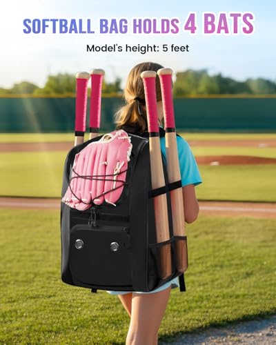 MATEIN Softball Bag, Lightweight Baseball Backpack with Shoe Compartment, Baseball Bag with Fence Hook for TBall Bat & Equipment, Softball Gifts Catchers Backpack for Women Fit Catcher’s Mitt, Helmet - color: Black - Large