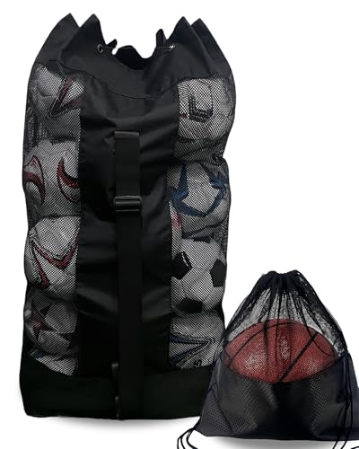 1/2pcs Soccer Ball Bag,Adjustable Shoulder Strap Extra Large and 1pcs Drawstring Mesh Ball Bag,Heavy Duty Soccer Ball Bags for Coaches,Mesh Equipment Bag for Basketball,Football, Volleyball - color: Black, size: Large