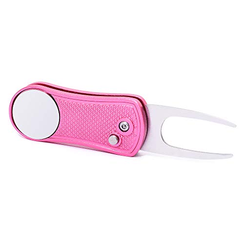 Mile High Life Golf Divot Repair Tool, All Metal Foldable Divot Tool with Pop-up Button & Magnetic Ball Marker - color: Pink Undulate