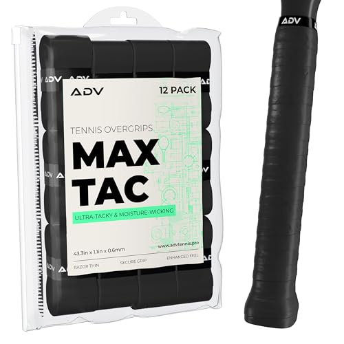 ADV MaxTac Tacky Tennis Overgrip - 12 Pack Extremely Sticky Non-Slip Tennis Grips Overgrip - Razor-Thin & Easy to Use Pro Tennis Racquet Grip Tape (12-Pack Black) - color: 12-Pack Black