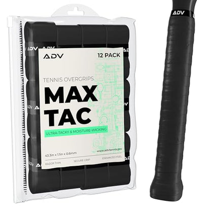 ADV MaxTac Tacky Tennis Overgrip - 12 Pack Extremely Sticky Non-Slip Tennis Grips Overgrip - Razor-Thin & Easy to Use Pro Tennis Racquet Grip Tape (12-Pack Black) - color: 12-Pack Black