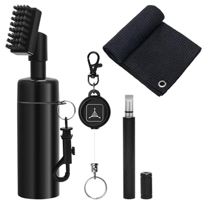 4PCS Golf Club Cleaner Brush, Golf Club Brush Groove Cleaner with 4 Ounces Squeeze Bottle and Bristles/Groove Sharpener/Towel/Retractable Key-Ring for Cleaning
