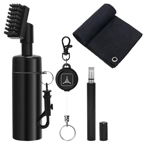 4PCS Golf Club Cleaner Brush, Golf Club Brush Groove Cleaner with 4 Ounces Squeeze Bottle and Bristles/Groove Sharpener/Towel/Retractable Key-Ring for Cleaning