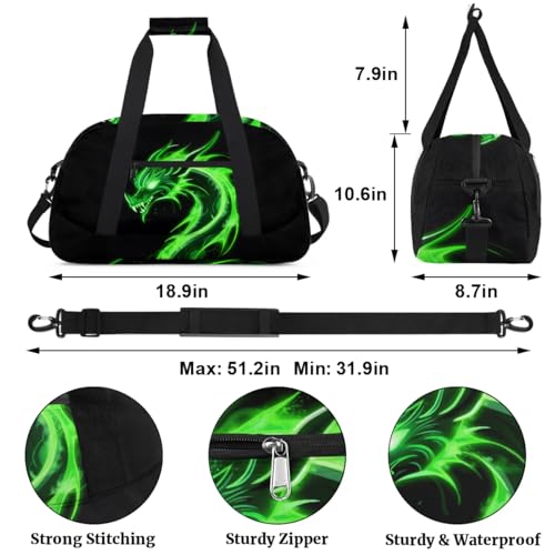 Green Dragon Kids Duffel Bag for Boys, Abstract Animal Sports Gym Bags Overnight Travel Weekender Lightweight Carry On Sleepovers Duffels for School Practice Gymnastics - color: Green Dragon