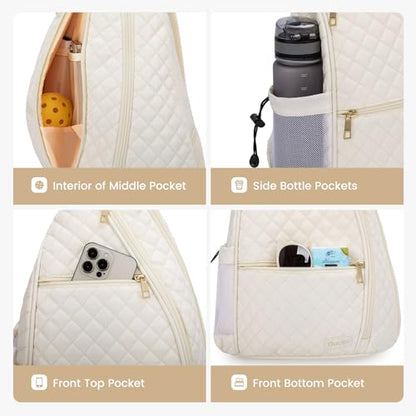 Women's Pickleball Backpack - Quilted Crossbody Sling Bag for Tennis & Pickleball Paddle - color: Beige Green, size: Large