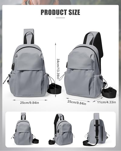 SEAFEW Small Sling Crossbody Backpack for Men Women, Lightweight Shoulder Chest Bag One Strap Back Pack for Hiking Walking Biking Travel Cycling USB Charger Port-Nylon, Grey - color: Grey