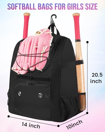 MATEIN Softball Bag, Lightweight Baseball Backpack with Shoe Compartment, Baseball Bag with Fence Hook for TBall Bat & Equipment, Softball Gifts Catchers Backpack for Women Fit Catcher’s Mitt, Helmet - color: Black - Large