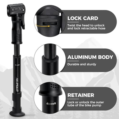 NUWAB Mini Bike Pump, 10 Inch Portable Hand Bicycle Pump, 100PSI, Support Shrader and Presta, Fast Air Out Ball Pump, Work with All Bikes and Balls, Swimming Ring, Come with Ball Needles, Nozzles