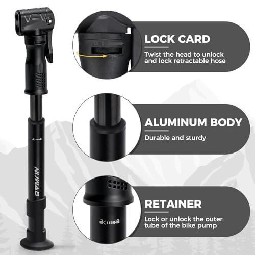 NUWAB Mini Bike Pump, 10 Inch Portable Hand Bicycle Pump, 100PSI, Support Shrader and Presta, Fast Air Out Ball Pump, Work with All Bikes and Balls, Swimming Ring, Come with Ball Needles, Nozzles