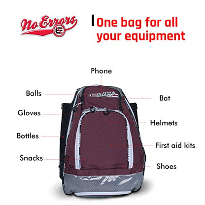 No Errors Sports RBP Rookie Baseball and Softball Backpack - Youth Baseball and Softball Bat Bag with Fence Hooks - Baseball and Softball Equipment Bag for Kids - color: Maroon