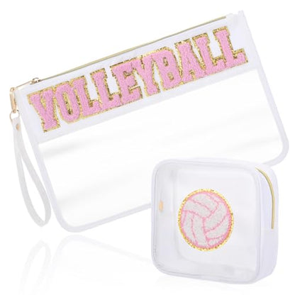 2 Pcs Pink Volleyball Cosmetic Bag Gifts Sport Cheer Makeup Bags Clear PVC Waterproof Toiletry Zipper Travel Pouch for Women Girls Soccer Softball Volleyball Tennis Lovers Players Team