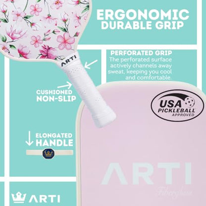 ARTI Pickleball Paddles Set of 2-USAPA Approved Fiberglass Surface Pickleball Set,2 Pickleball Rackets, 4 Balls and 1 Portable Carry Bag - color: Flower Pink And Green