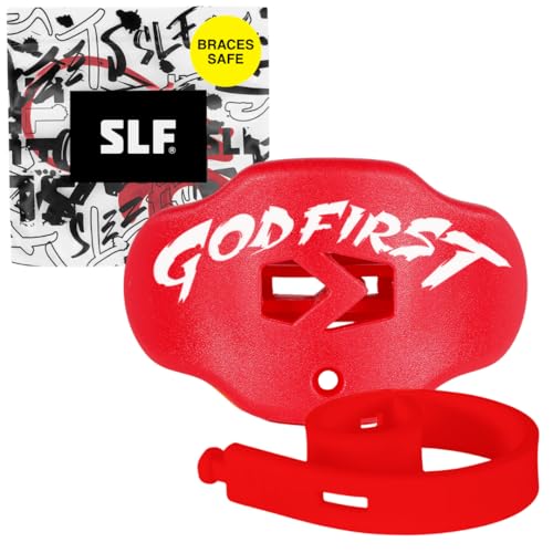 Youth Football Mouth Guard – Lip Guard Mouthpiece with Strap – Comfortable Fit – Sleefs - color: God First Red